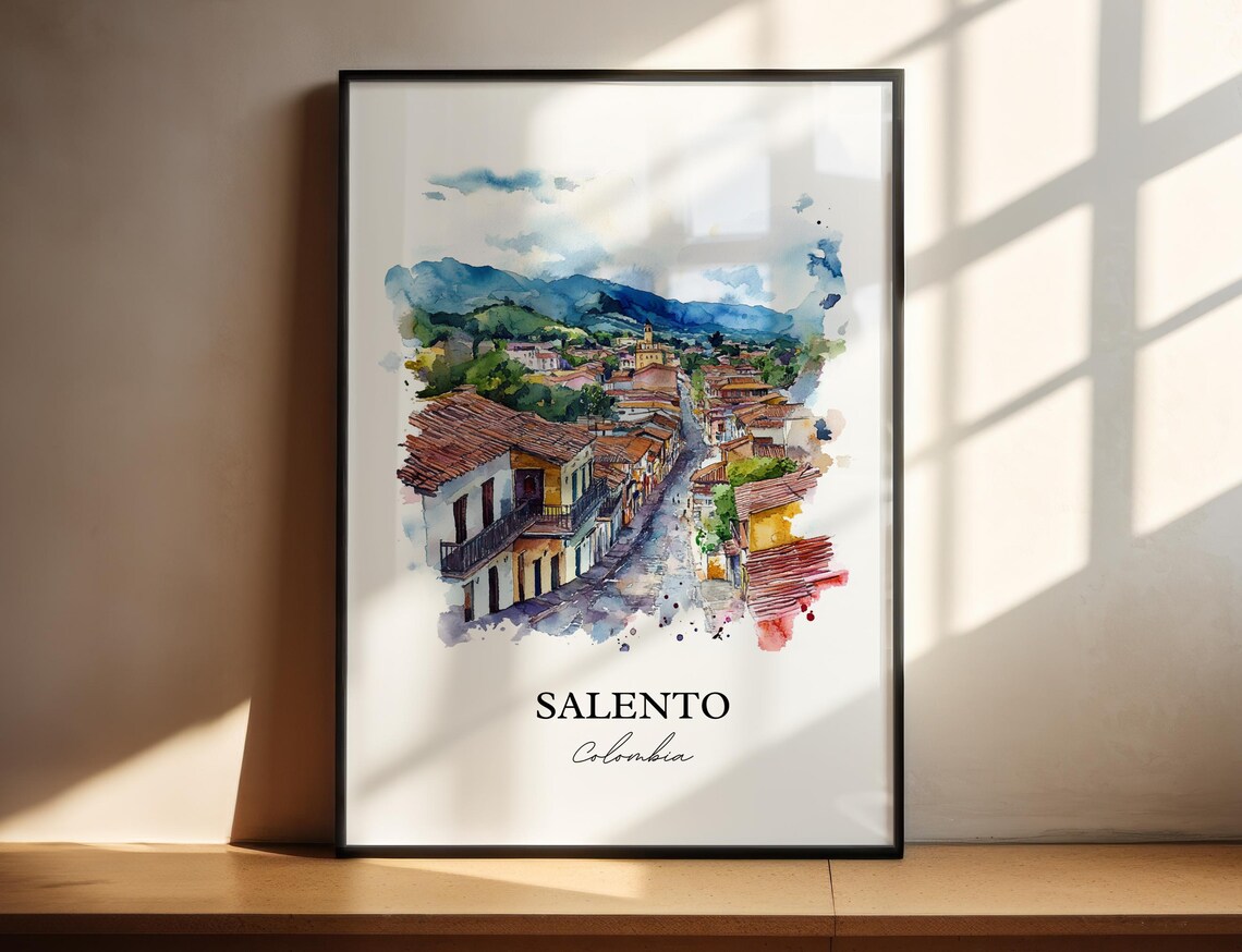 Salento Colombia Watercolor Colonial Street Red Roof Town Poster