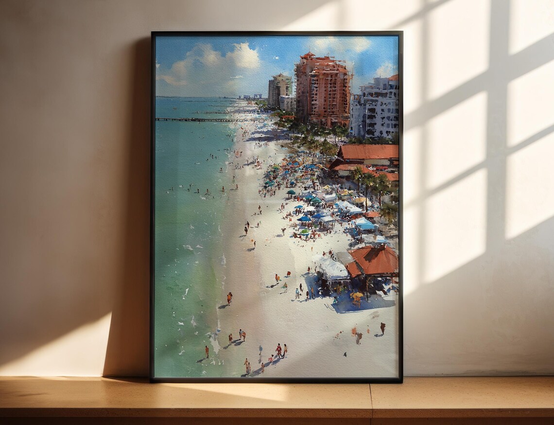 Clearwater Beach Florida Aerial Watercolor Poster Crowded Shore Umbrellas