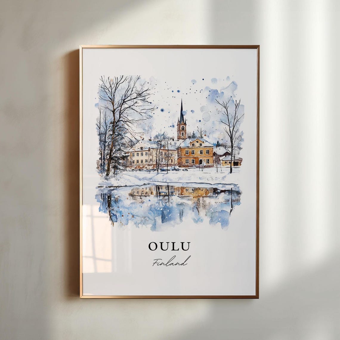 Oulu Finland Watercolor Winter Snow Church Frozen River Poster