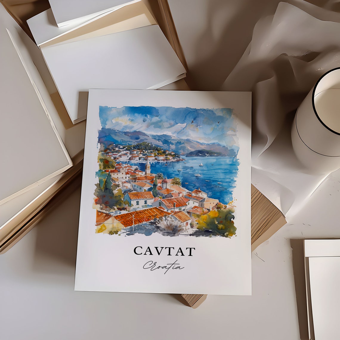 Cavtat Croatia Adriatic Coast Sailboat Watercolor Village Poster - Image 6