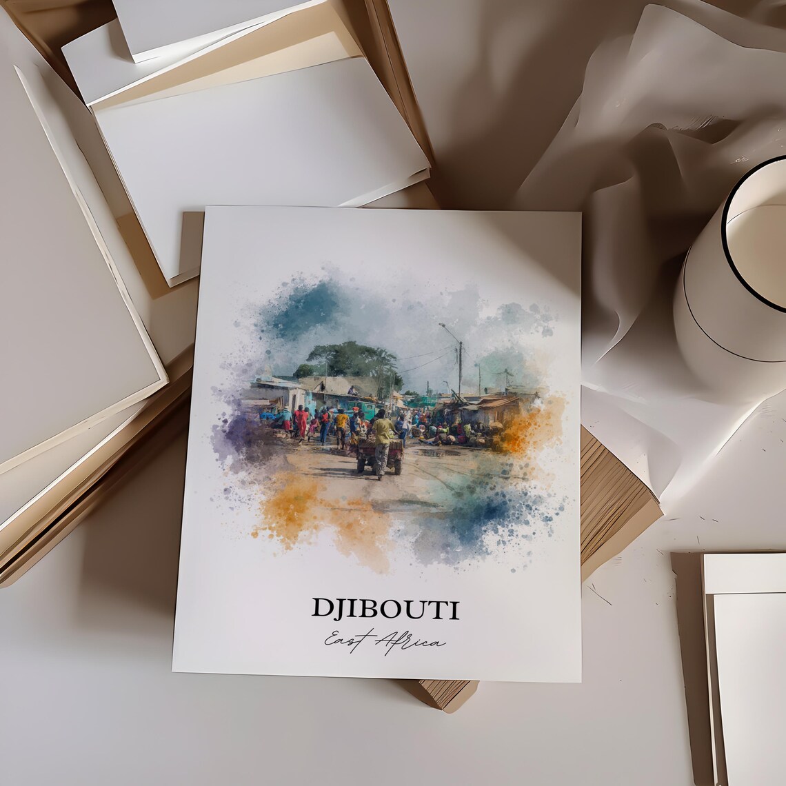 Djibouti East Africa Bustling Market Street Watercolor Travel Poster - Image 2