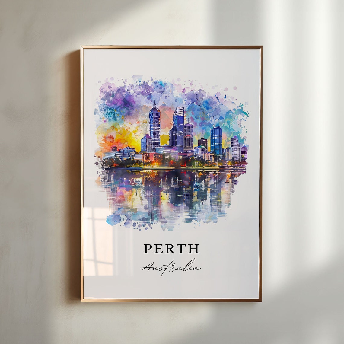 Perth Australia City Skyline Sunset Watercolor Splash Art Poster