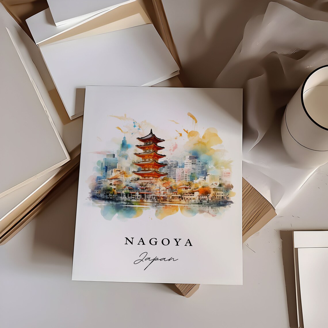Nagoya Japan Watercolor Five Story Pagoda City Skyline Travel Poster - Image 7