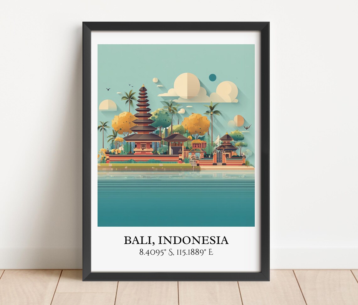 Bali Indonesia Lakeside Temple Pagoda Palms Retro Travel Art Poster - Image 2
