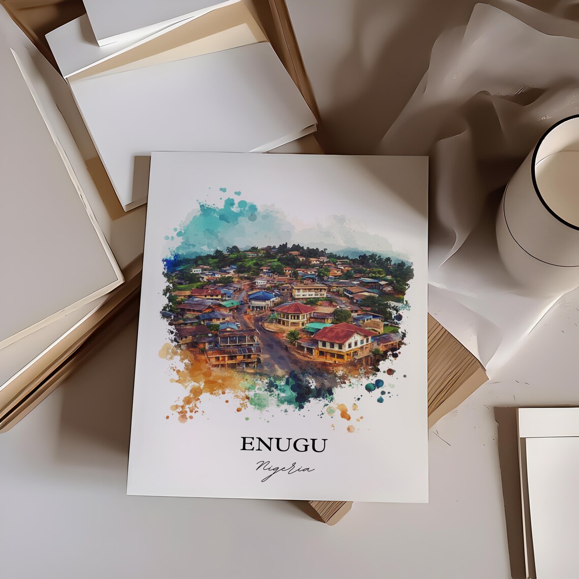 Enugu Nigeria African Watercolor Cityscape Hillside Art Poster - Image 2