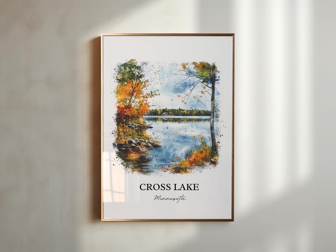 Cross Lake Minnesota Autumn Shoreline Cabin View Watercolor Poster - Image 4