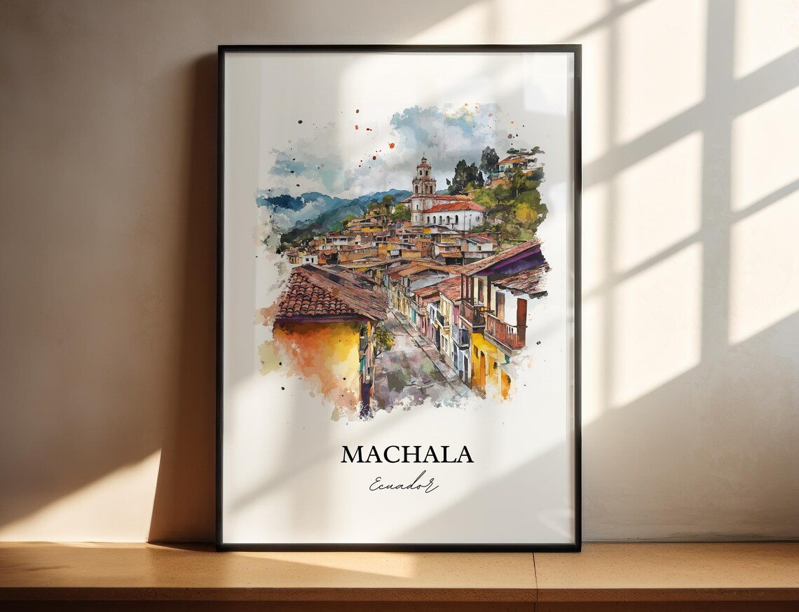 Machala Ecuador Watercolor Hillside Street Church Mountain Poster