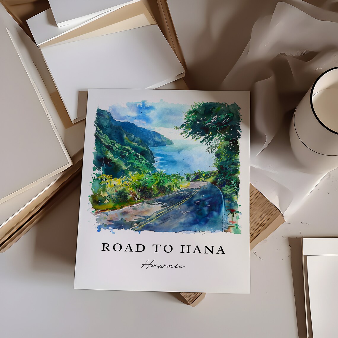 Road To Hana Hawaii Watercolor Coastal Road Cliffs Ocean Poster - Image 6
