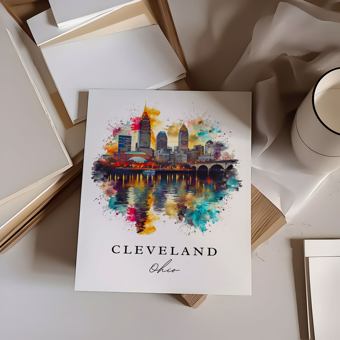 Cleveland Ohio Night Skyline Reflection Watercolor Travel Poster - Image 5