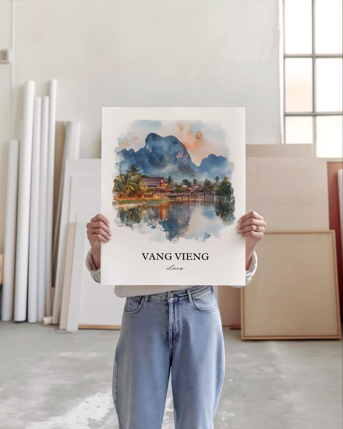 Vang Vieng Laos Watercolor Karst Mountains Sunset River Poster - Image 5