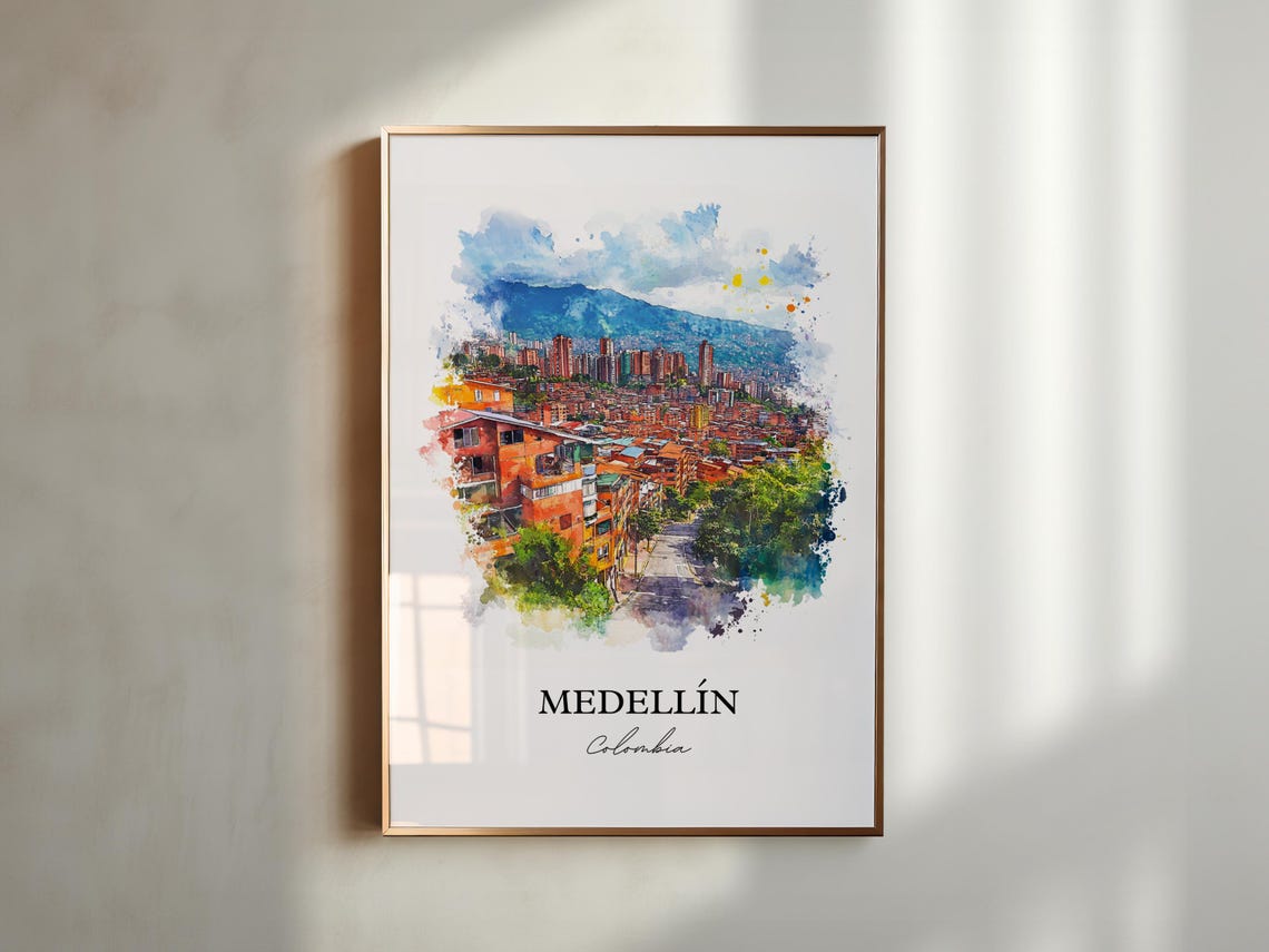 Medellin Skyline Watercolor Travel Poster, Colombia - Image 5