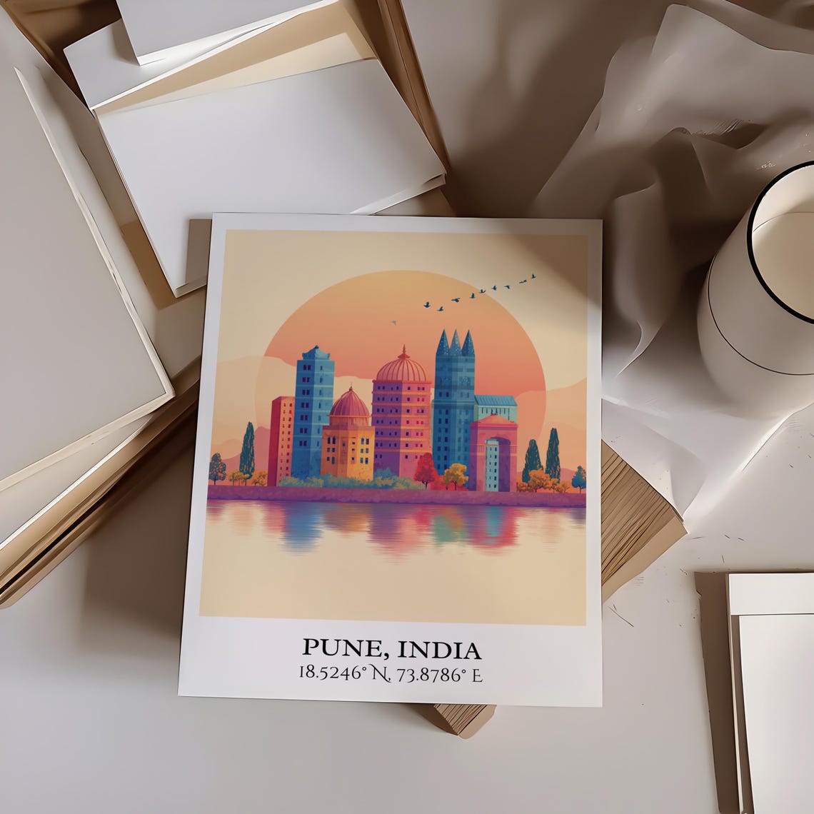 Pune India Sunset Skyline Water Reflection Colorful Travel Poster - Image 2