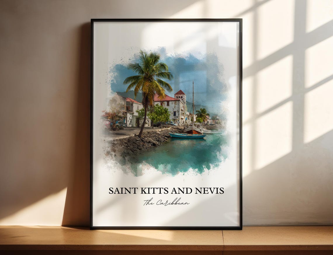 Saint Kitts and Nevis Caribbean Harbor Watercolor Art Poster