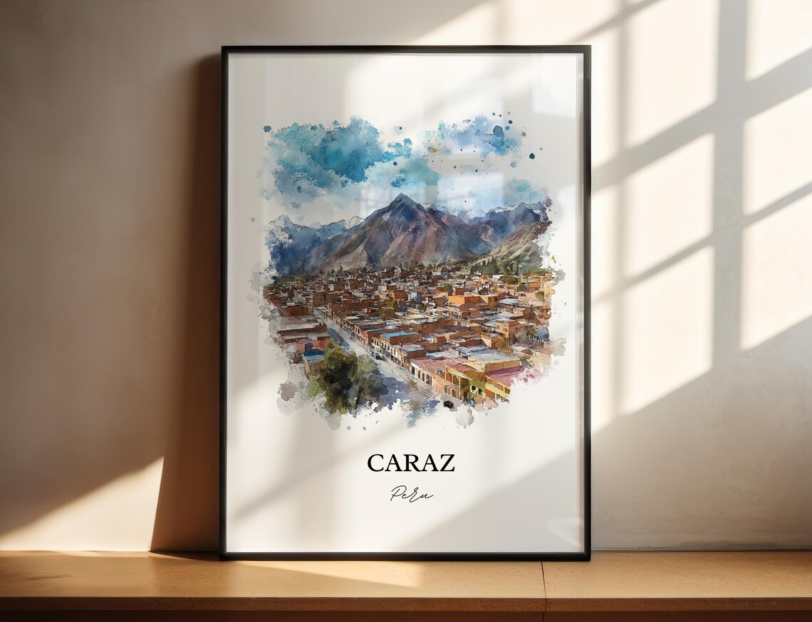 Caraz Peru Mountain Town Watercolor Andean Landscape Travel Poster