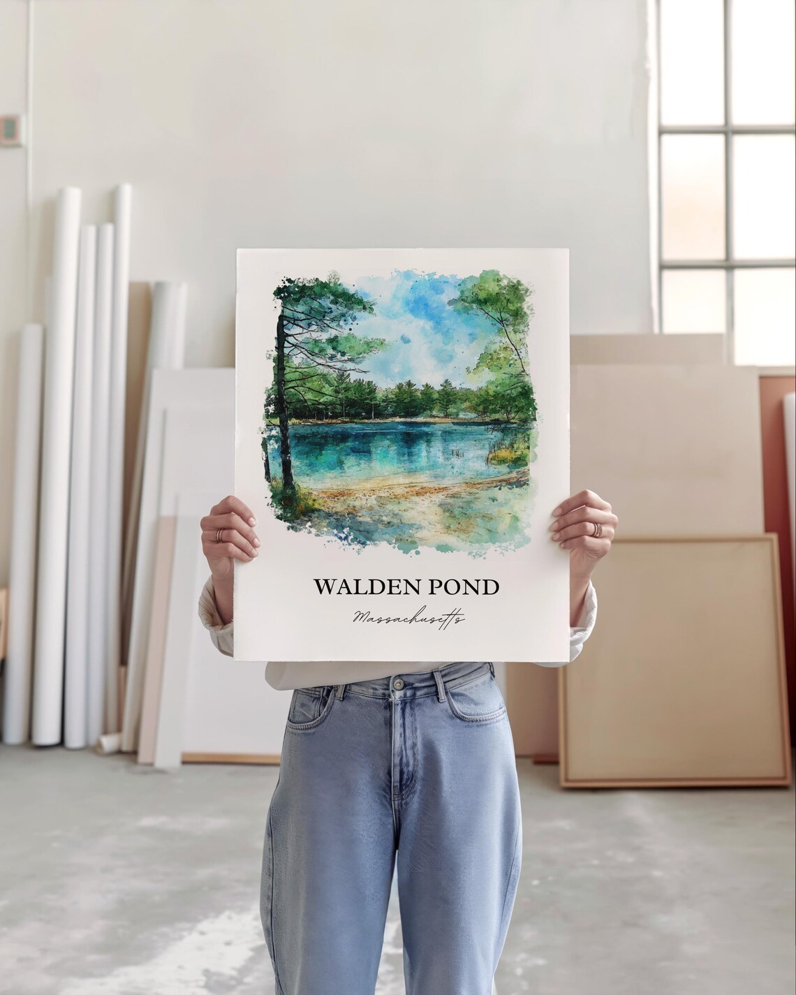 Walden Pond Massachusetts Tranquil Lake Pines Watercolor Poster - Image 4