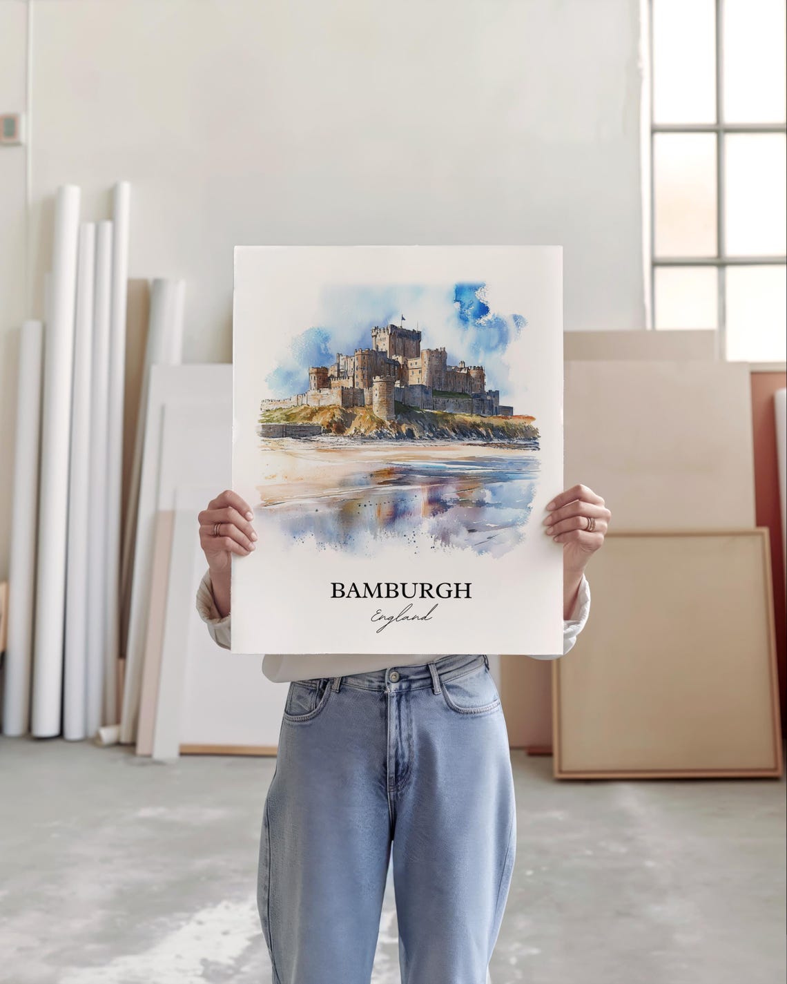 Bamburgh England Coastal Castle Watercolor Beach Landscape Art Poster - Image 3