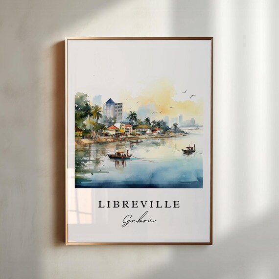 Libreville Gabon Harbor Boats Watercolor Travel Souvenir Poster