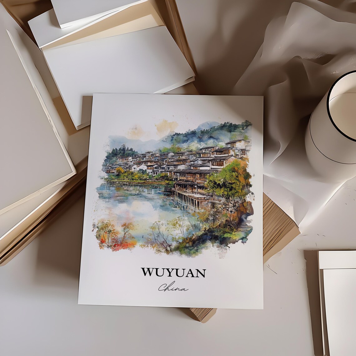 Wuyuan China Watercolor Ancient Water Town Lake Reflection Poster - Image 3