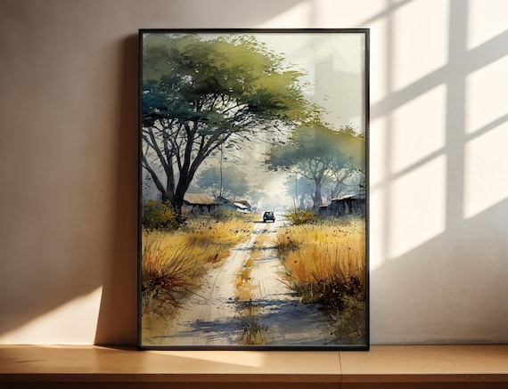Bush Road Watercolor Safari Vehicle Acacia Trees Golden Grass Poster