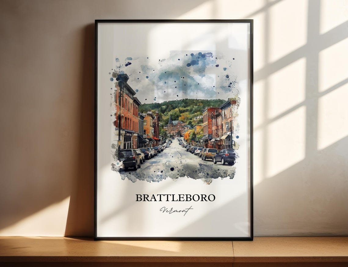 Brattleboro Vermont Historic Downtown Street Watercolor Travel Poster