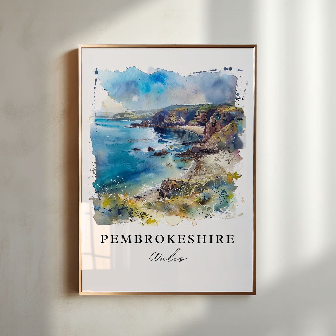 Pembrokeshire Wales Coastal Cliffs Cove Watercolor Travel Poster
