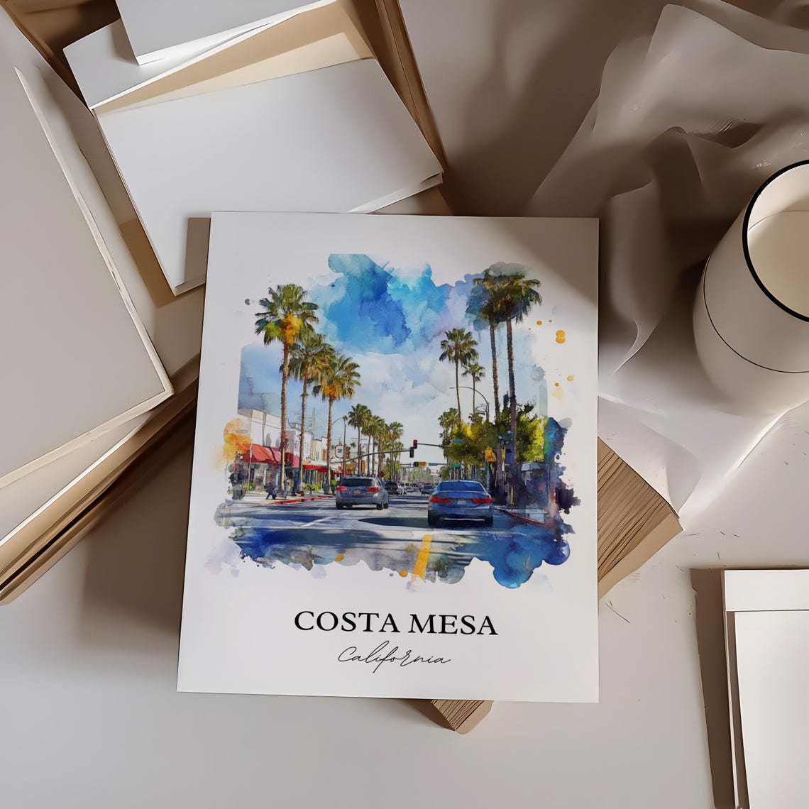 Costa Mesa California Sunny Palm Lined Street Blue Sky Poster - Image 3