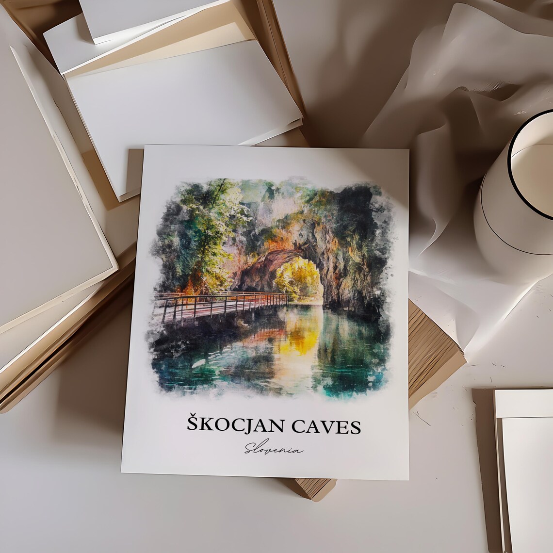 Skocjan Caves Slovenia Natural Bridge Watercolor Landscape Art Print - Image 5