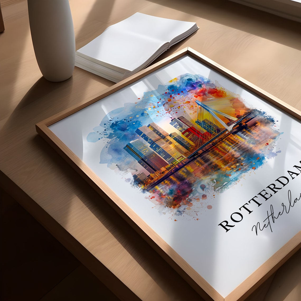 Rotterdam Netherlands Erasmus Bridge Skyline Watercolor Poster - Image 5
