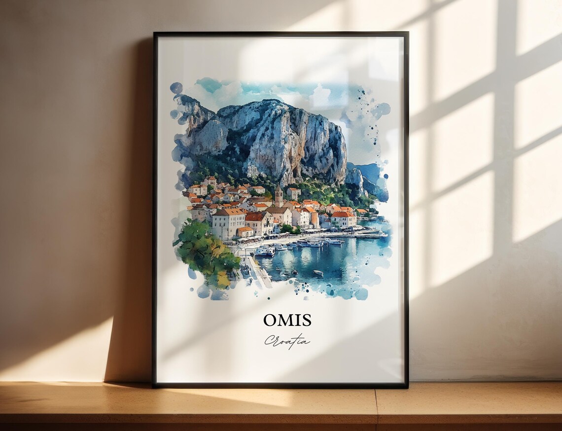 Omis Croatia Mountain Backed Coastal Harbor Watercolor Poster