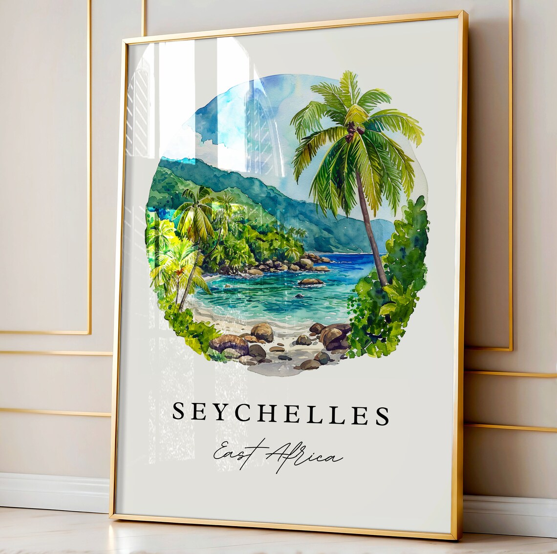 Seychelles East Africa Tropical Beach Palms Watercolor Poster - Image 5
