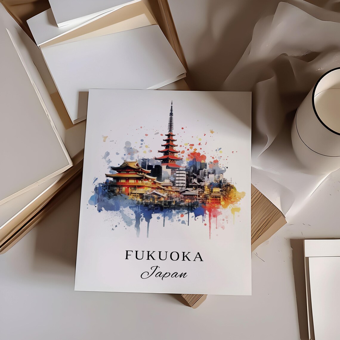 Fukuoka Japan Watercolor Five Story Pagoda Temple Cityscape Poster - Image 5