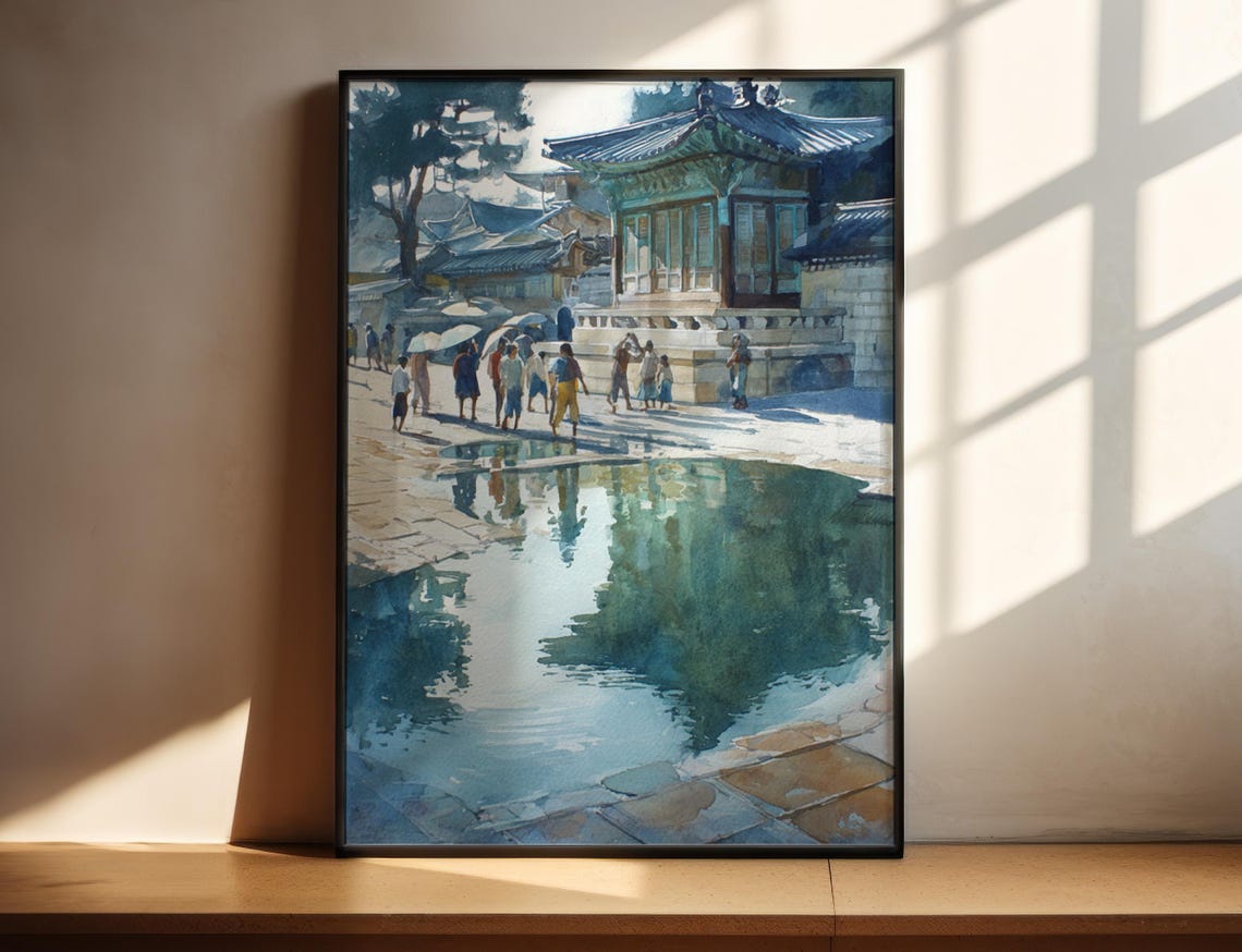 Korean Temple Pond Reflection Watercolor Painting Travel Poster