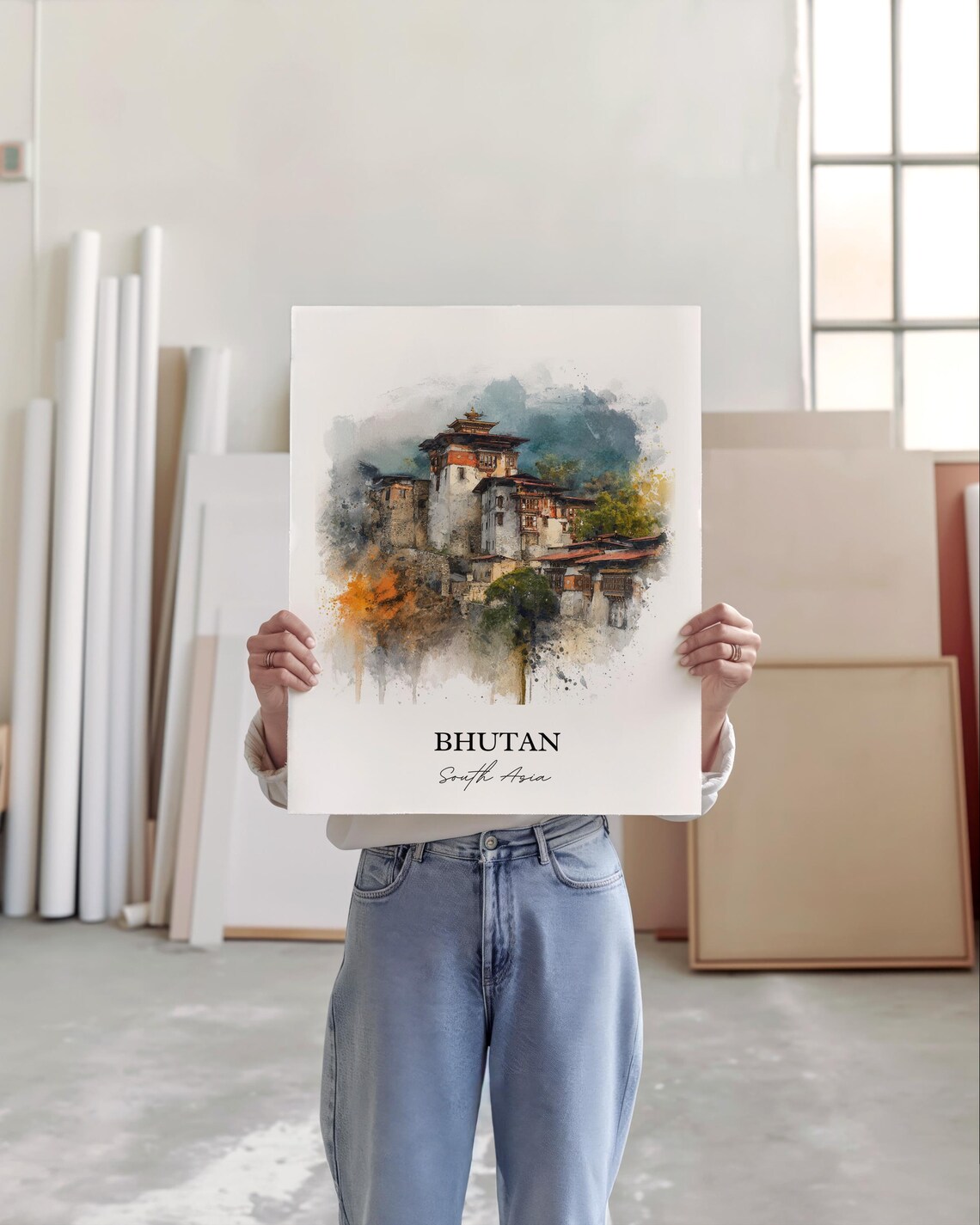 Bhutan South Asia Dzong Fortress Monastery Watercolor Travel Poster - Image 4