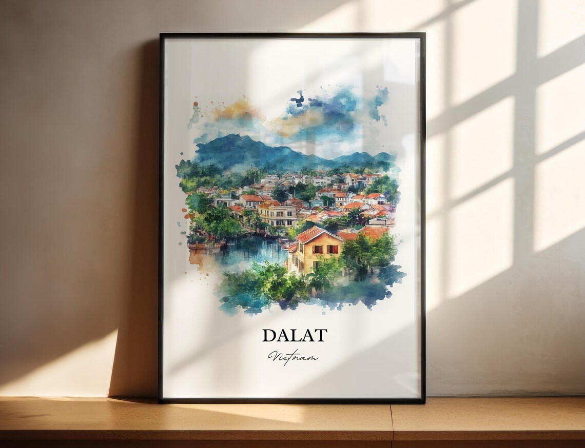 Dalat Vietnam Watercolor Art Misty Highland Town Lake Poster
