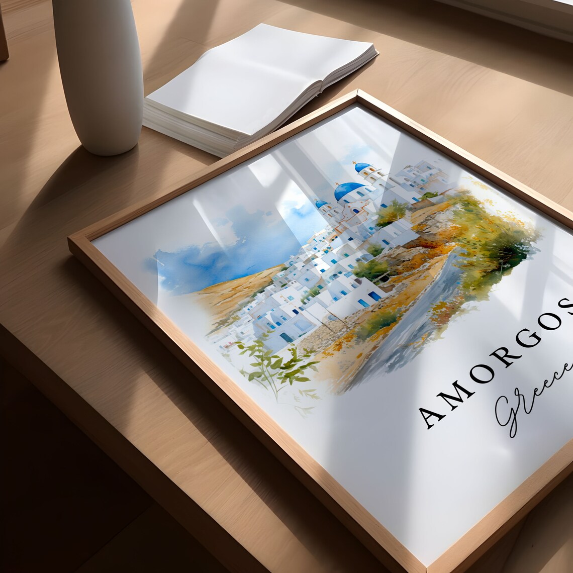 Amorgos Greece Blue Domed Island Church Watercolor Travel Poster - Image 3