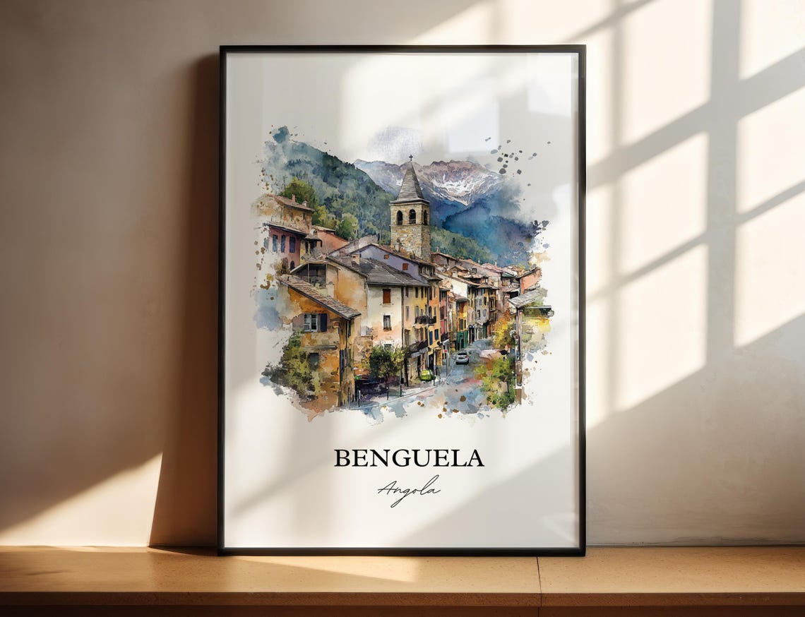 Benguela Angola Watercolor Alpine Village Street Travel Poster