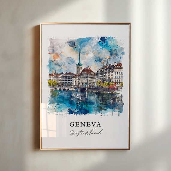 Geneva Watercolor Travel Poster, Switzerland Art Print