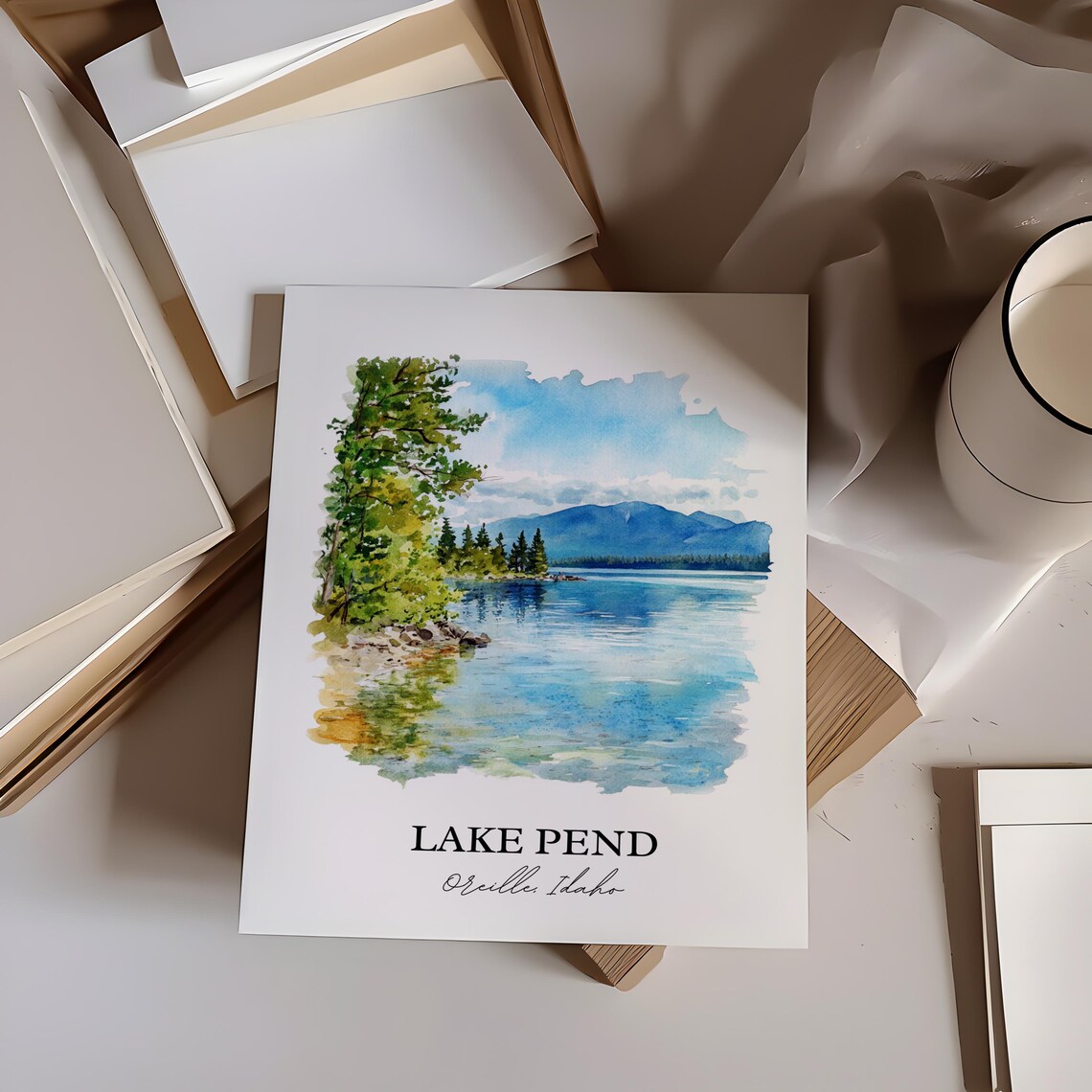 Lake Pend Oreille Idaho Evergreen Shore Watercolor Travel Poster - Image 3