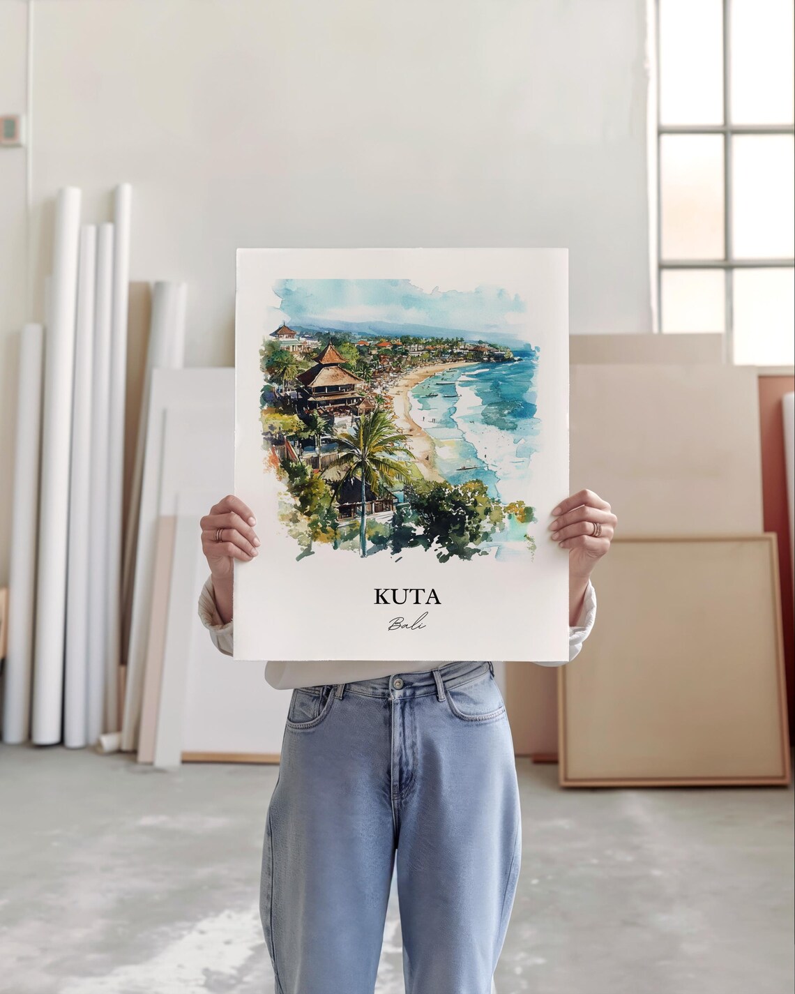 Kuta Bali Watercolor Beach Waves Surf Temple Aerial View Poster - Image 5