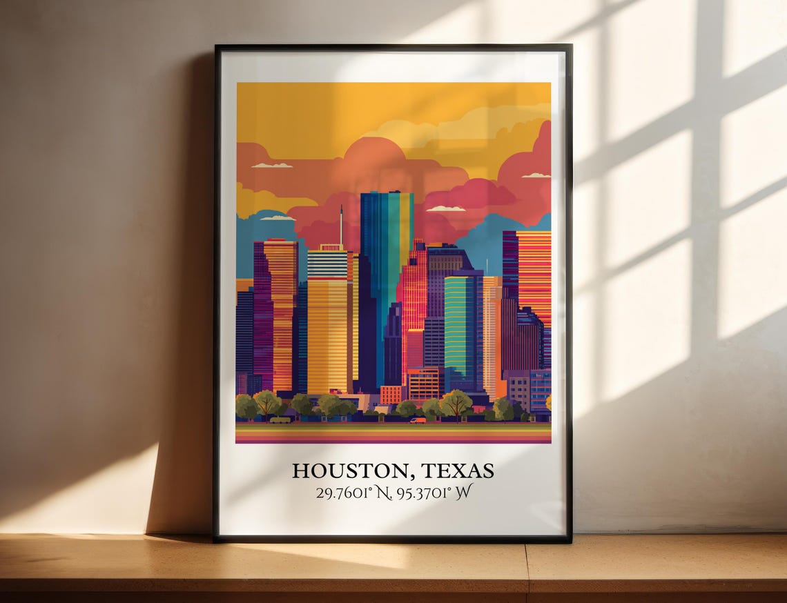 Houston Texas Colorful Downtown Skyline Sunset Clouds Travel Poster