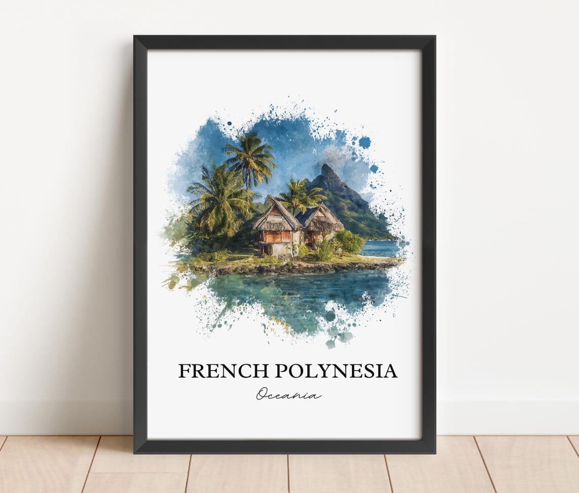 French Polynesia Thatched Huts Lagoon Watercolor Travel Poster - Image 2