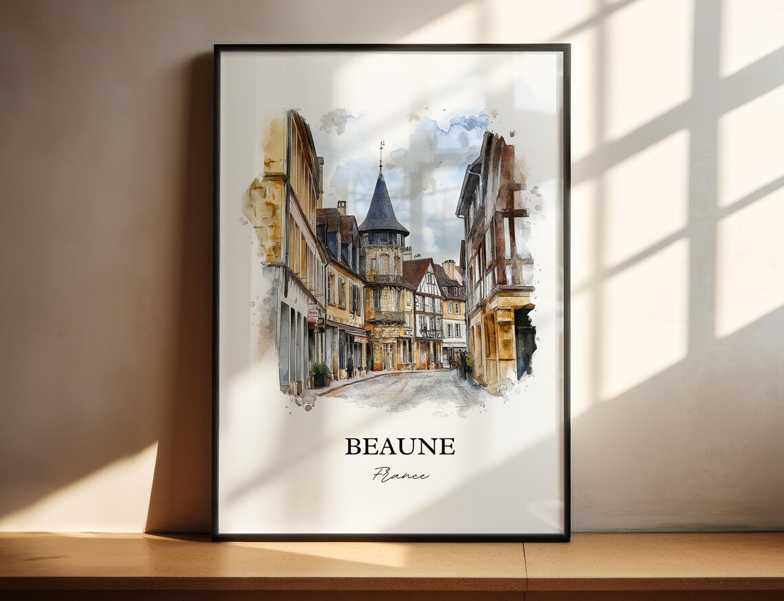 Beaune France Medieval Timber Street Watercolor Travel Poster