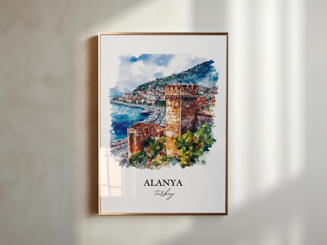Alanya Turkey Watercolor Red Tower Castle Harbor Travel Poster - Image 5
