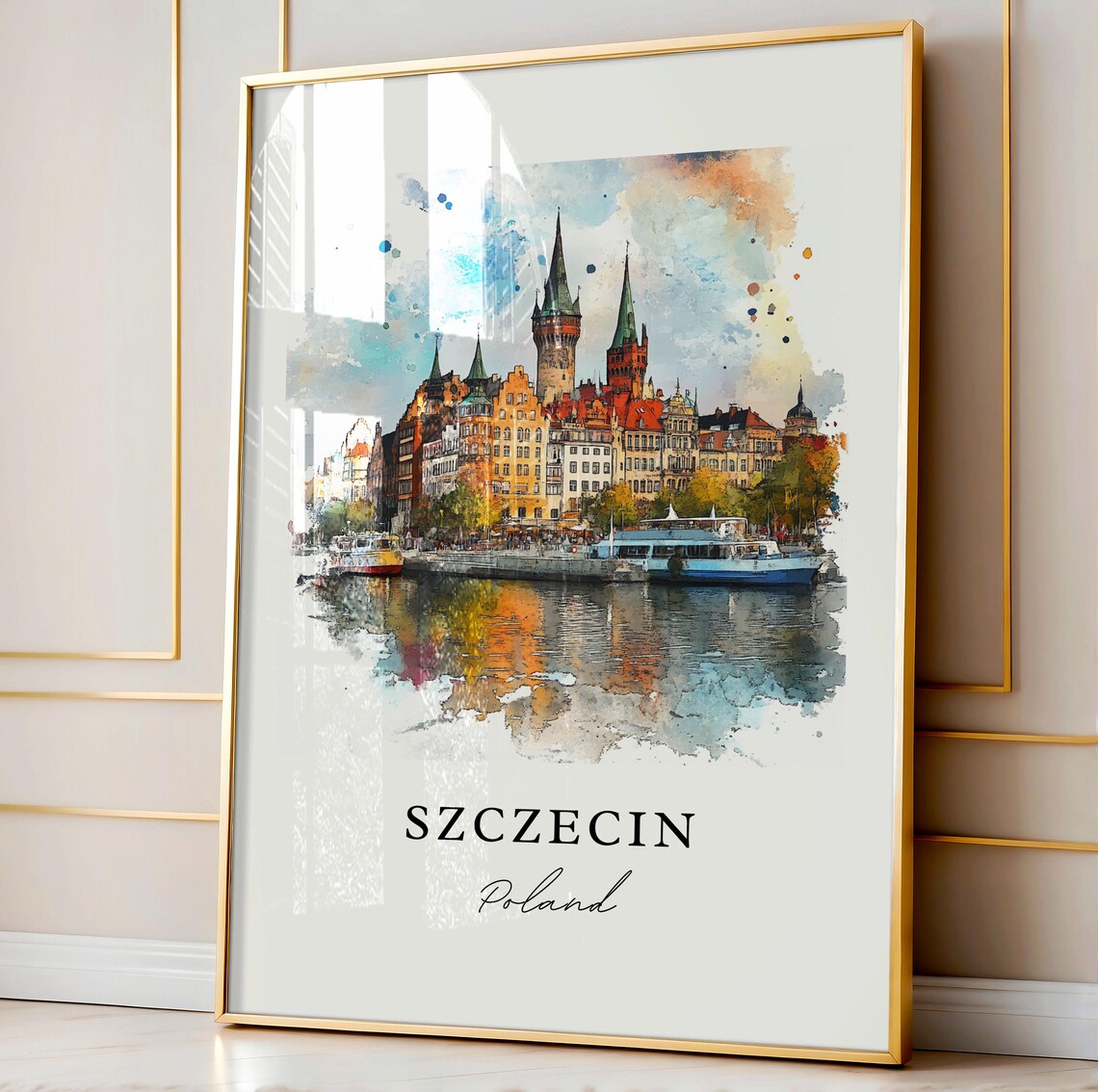 Szczecin Poland Riverside Old Town Watercolor Cityscape Poster - Image 4