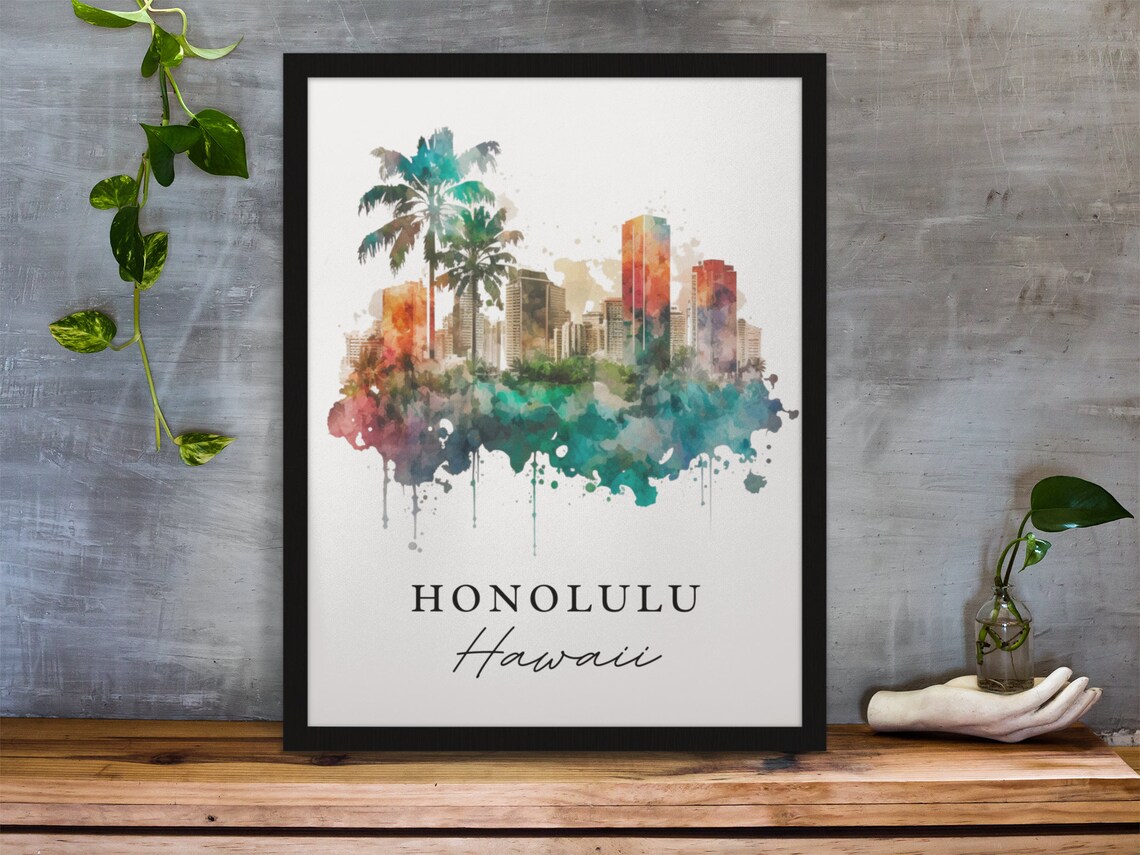 Honolulu Hawaii Skyline Watercolor Palm Cityscape Island Travel Poster