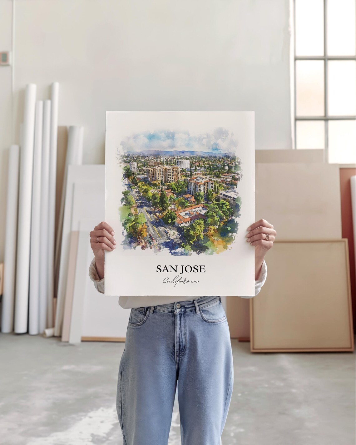 San Jose California Aerial Streetscape Watercolor City Poster - Image 3