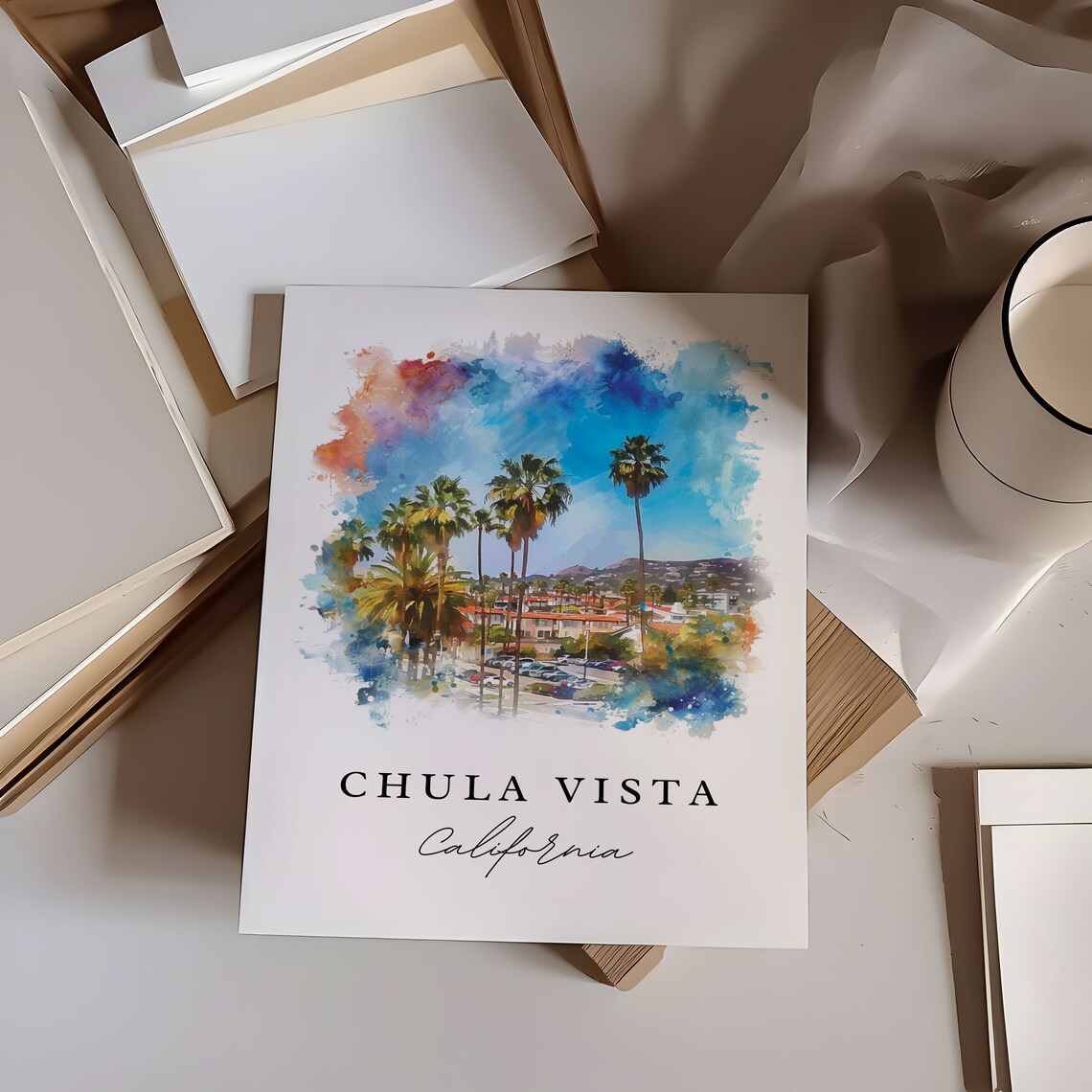 Chula Vista California Palm Tree Town Watercolor Travel Poster - Image 6