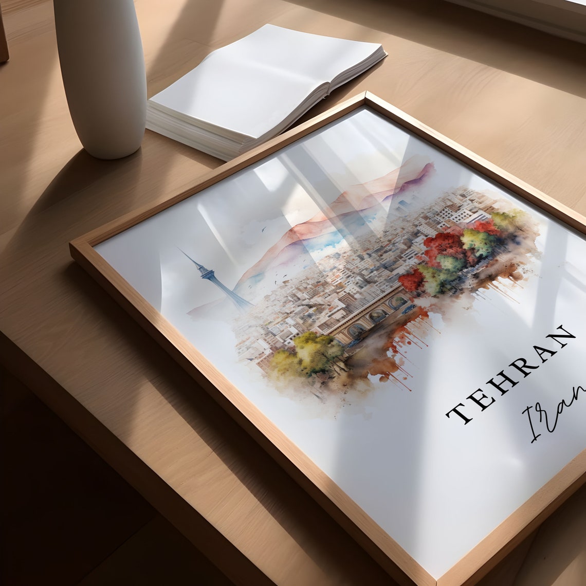 Tehran Iran Watercolor Skyline Milad Tower Mountain City Poster - Image 4