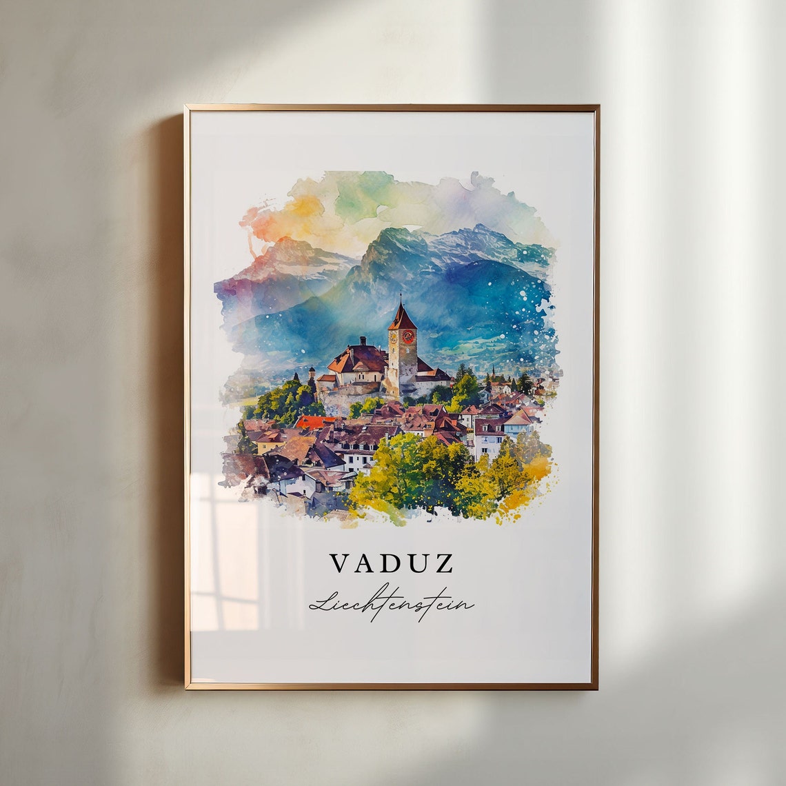 Vaduz Liechtenstein Alpine Castle Town Watercolor Travel Poster
