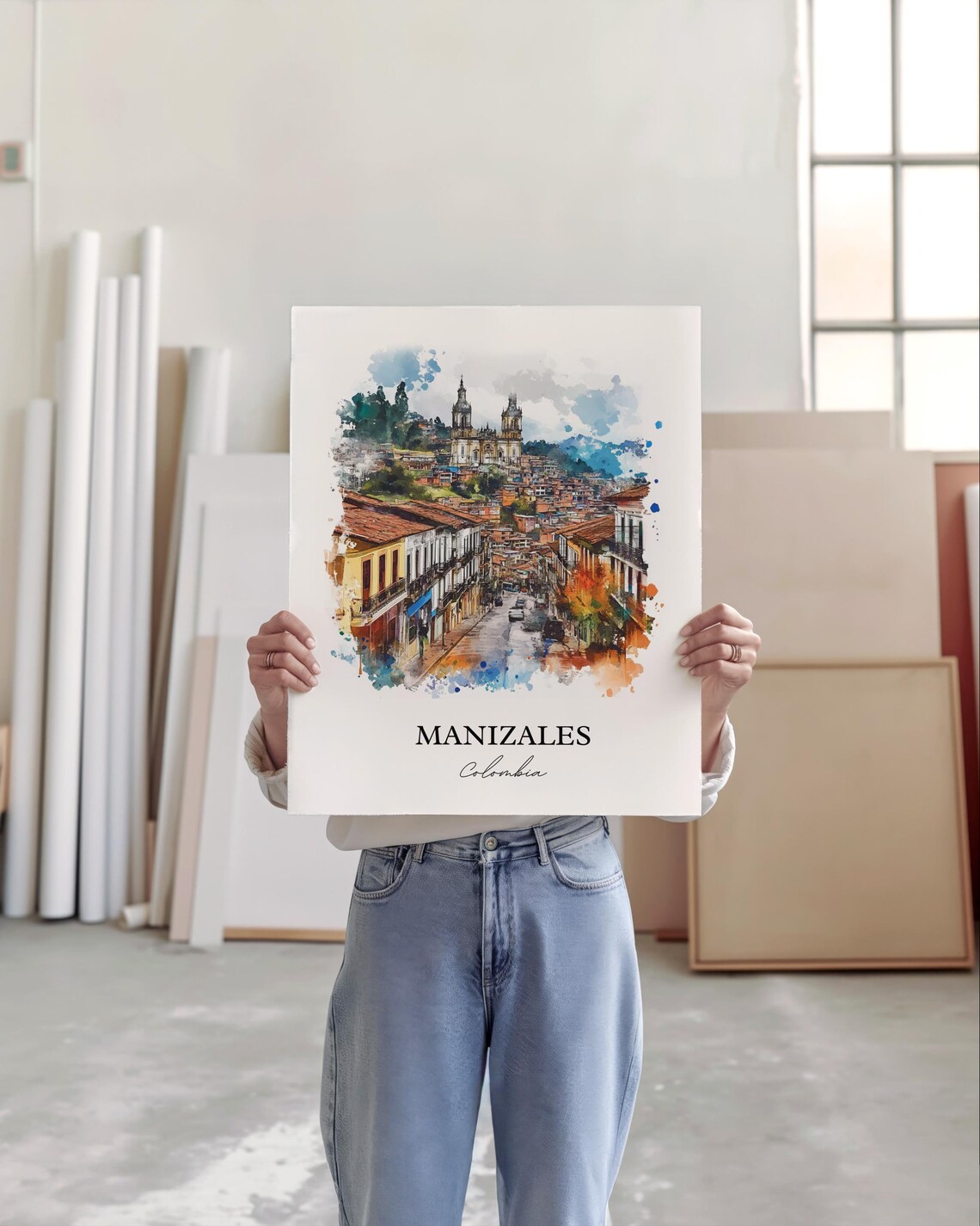 Manizales Colombia Hillside City Cathedral Travel Watercolor Poster - Image 2